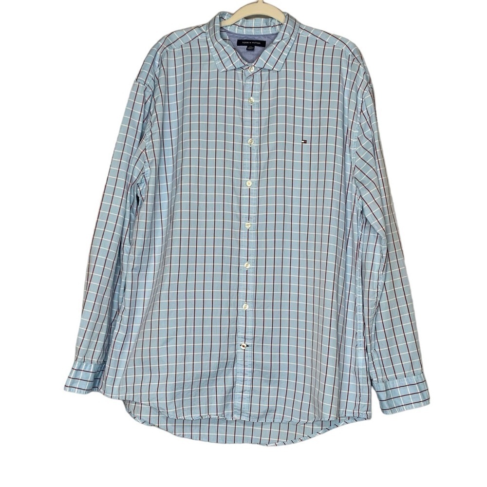 Tommy Hilfiger Men’s Blue white and red plaid Oxford button down shirt. Size‎ 3X
